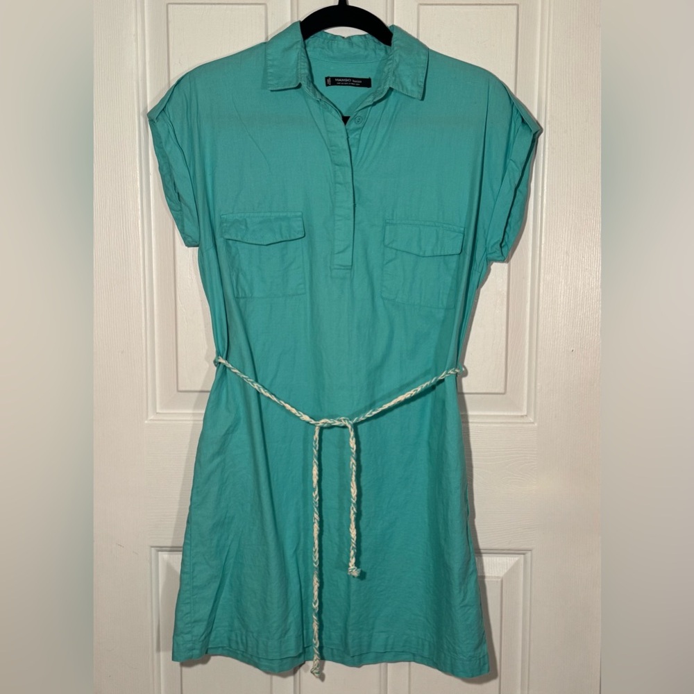 MANGO basics Aqua Teal Mint Short Sleeve Dress w Pockets Rope Belt women small 2